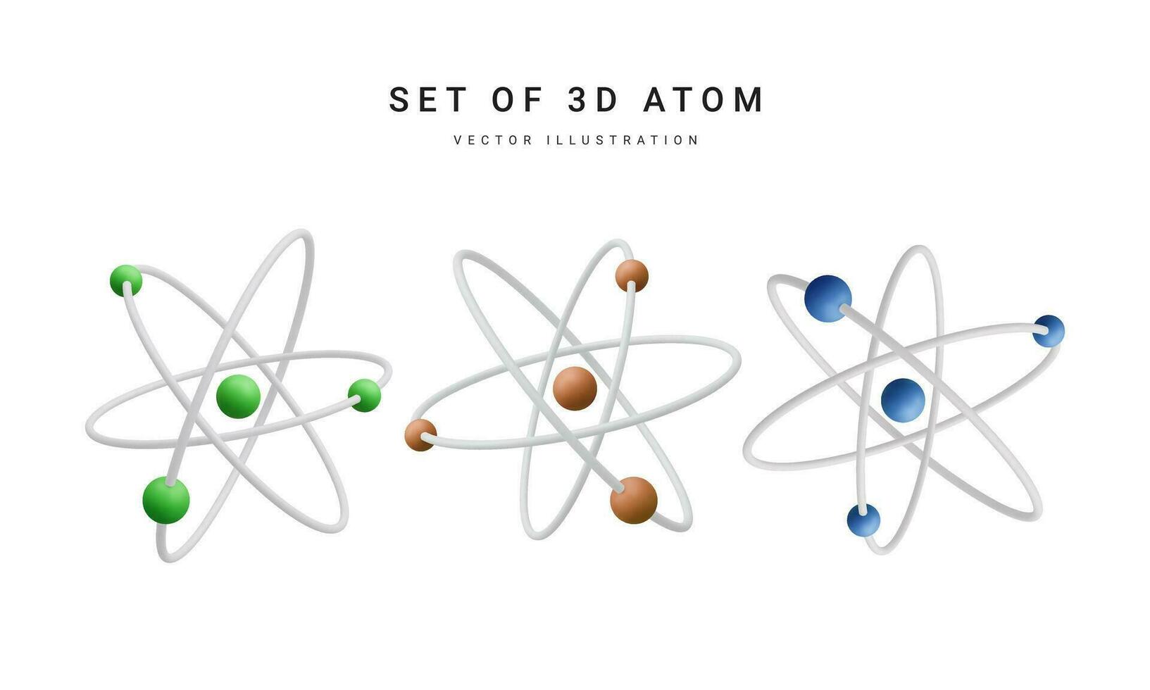 Set of 3d realistic atom with orbital electrons isolated on white background. Nuclear energy, scientific research, molecular chemistry, physics science concept. Vector illustration