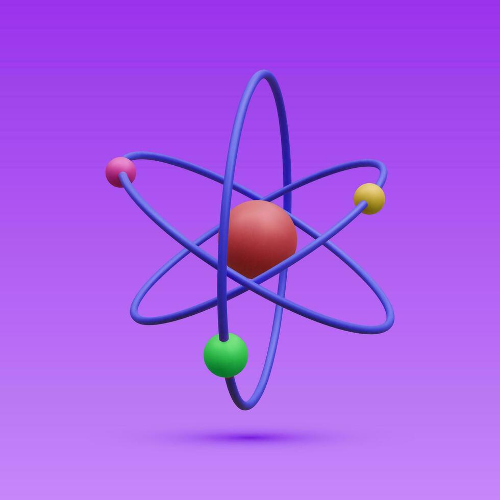 3d realistic atom with orbital electrons isolated on blue background. Nuclear energy, scientific research, molecular chemistry, physics science concept. Vector illustration
