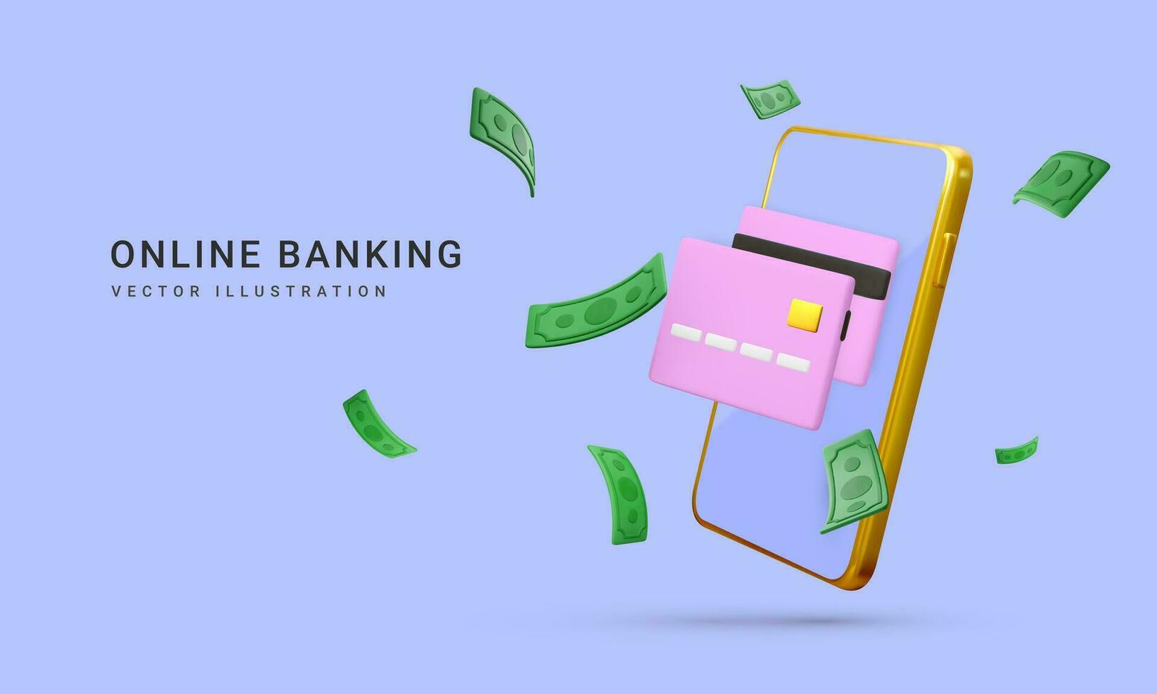 3d realistic mobile wallet with falling green paper currency. Mobile banking app and e-payment. Credit card for online payment or shopping. Vector illustration
