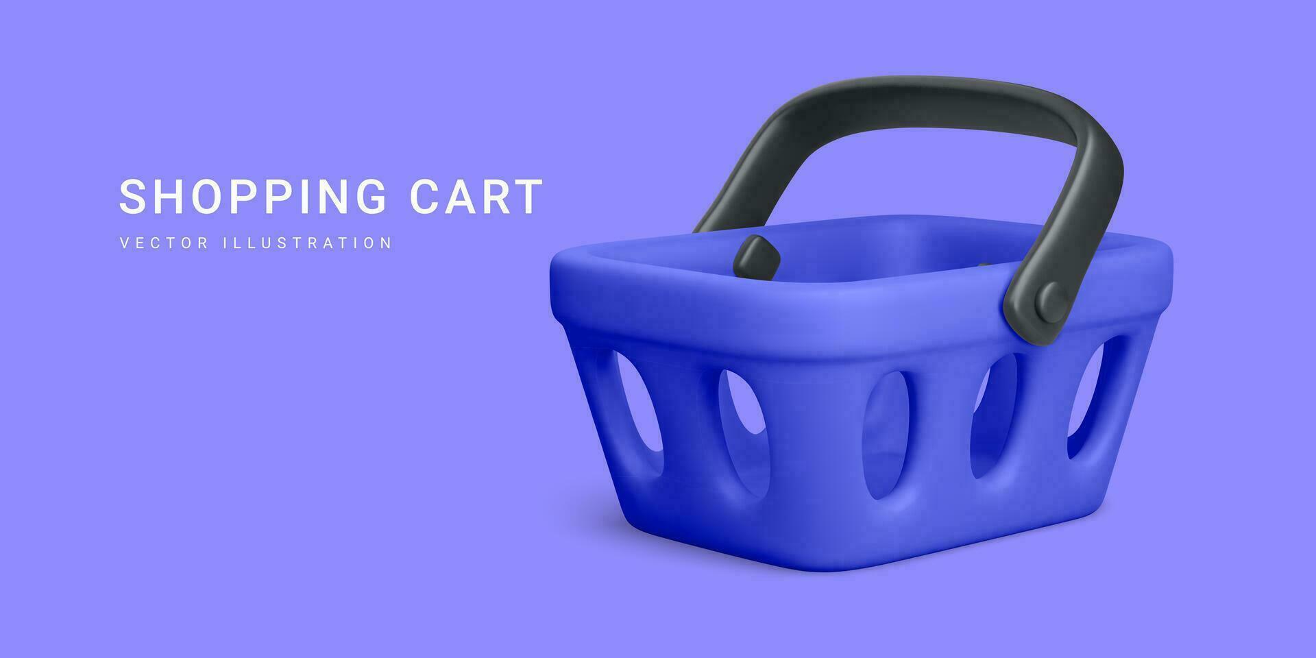 3d realistic blue plastic shopping cart isolated on light background. Vector illustration