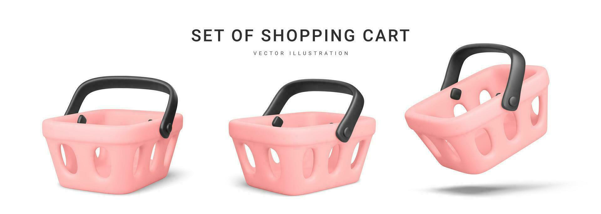 Set of 3d realistic pink plastic shopping cart isolated on white background. Vector illustration