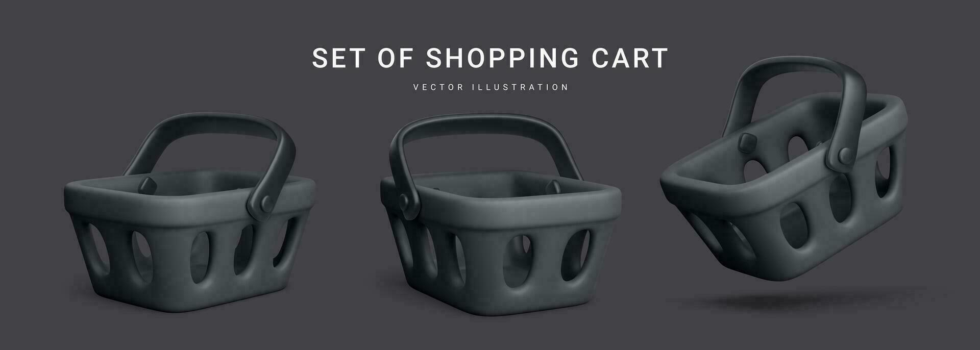 Set of 3d realistic plastic black shopping cart isolated on dark background. Special black shopping basket for Black Friday. Vector illustration