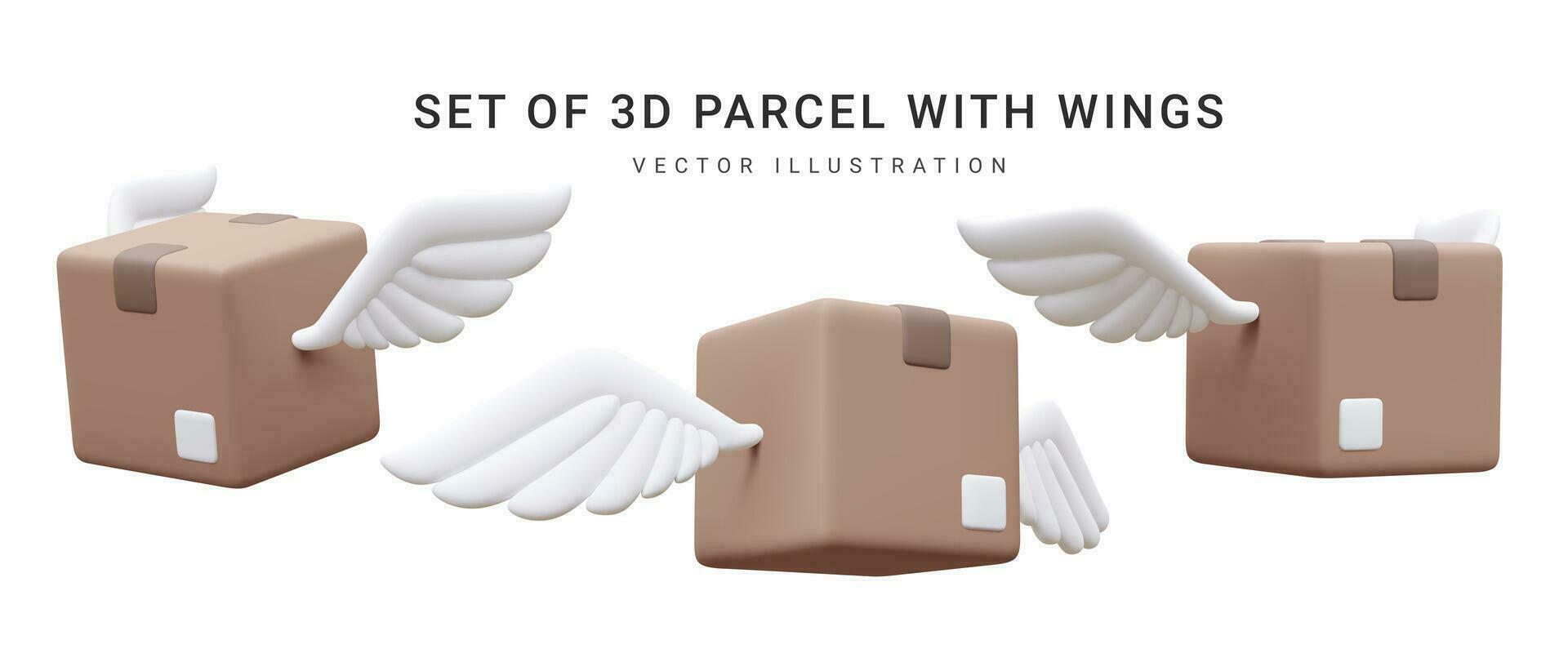 Set of 3d realistic parcel with wings isolated on white background. Cardboard boxes for delivery service concept in cartoon style. Vector illustration