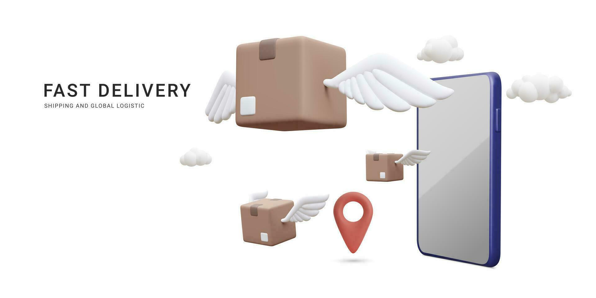 3d realistic parcels flying from mobile phone. Online delivery service in cartoon style. Vector illustration