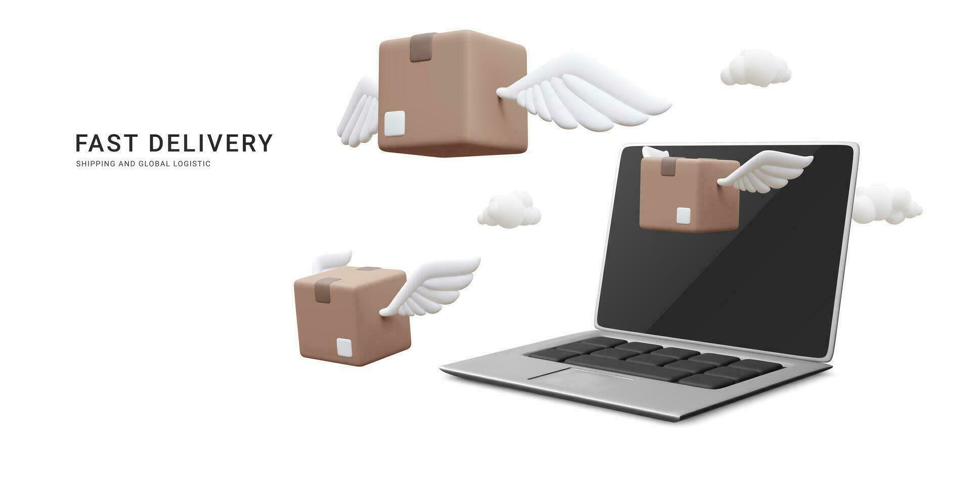 3d realistic parcels flying from laptop. Online delivery service in cartoon style. Vector illustration