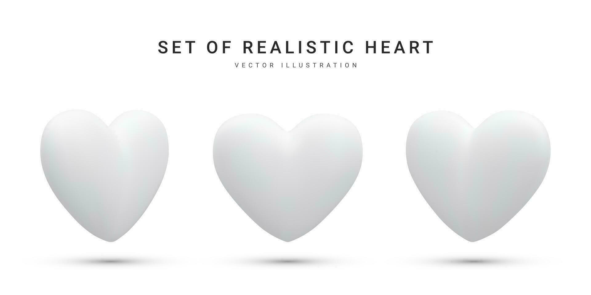 Set of 3d realistic white valentine hearts isolated on white background. Vector illustration