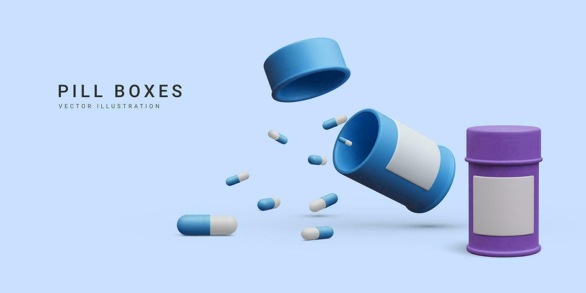 3d realistic pill bottles with flying treatment medication capsule pills isolated on white background. Health care concept banner for pharmacy. Vector illustration