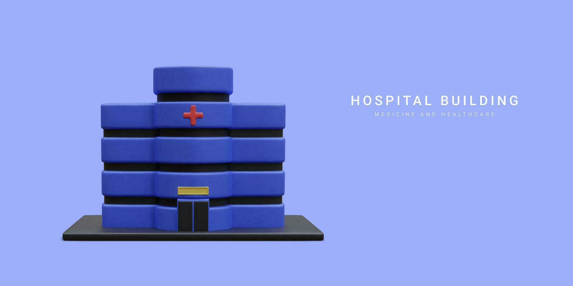 3d realista hospital edificio aislado en azul antecedentes. cuidado de la salud diseño concepto. vector ilustración