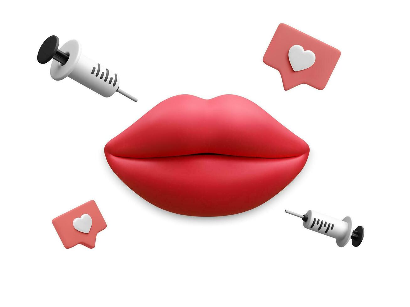 3d realistic banner for lip injection. Concept of dermatology and cosmetology treatment. Red aesthetic beautiful lips with medical plastic syringe with cosmetic injection in cartoon style vector