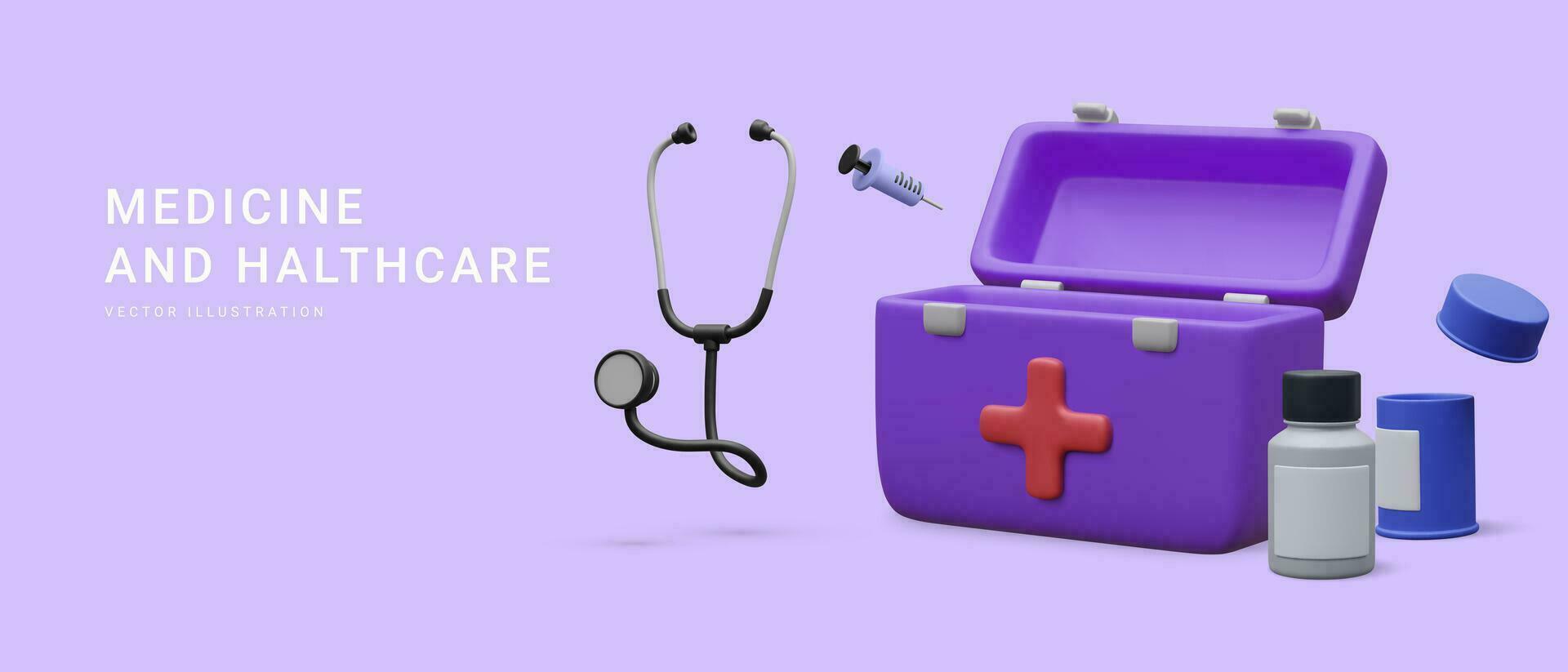 3d realistic open first aid kit with stethoscope, pill boxes and syringe isolated on light background. Online healthcare concept in cartoon style. Vector illustration