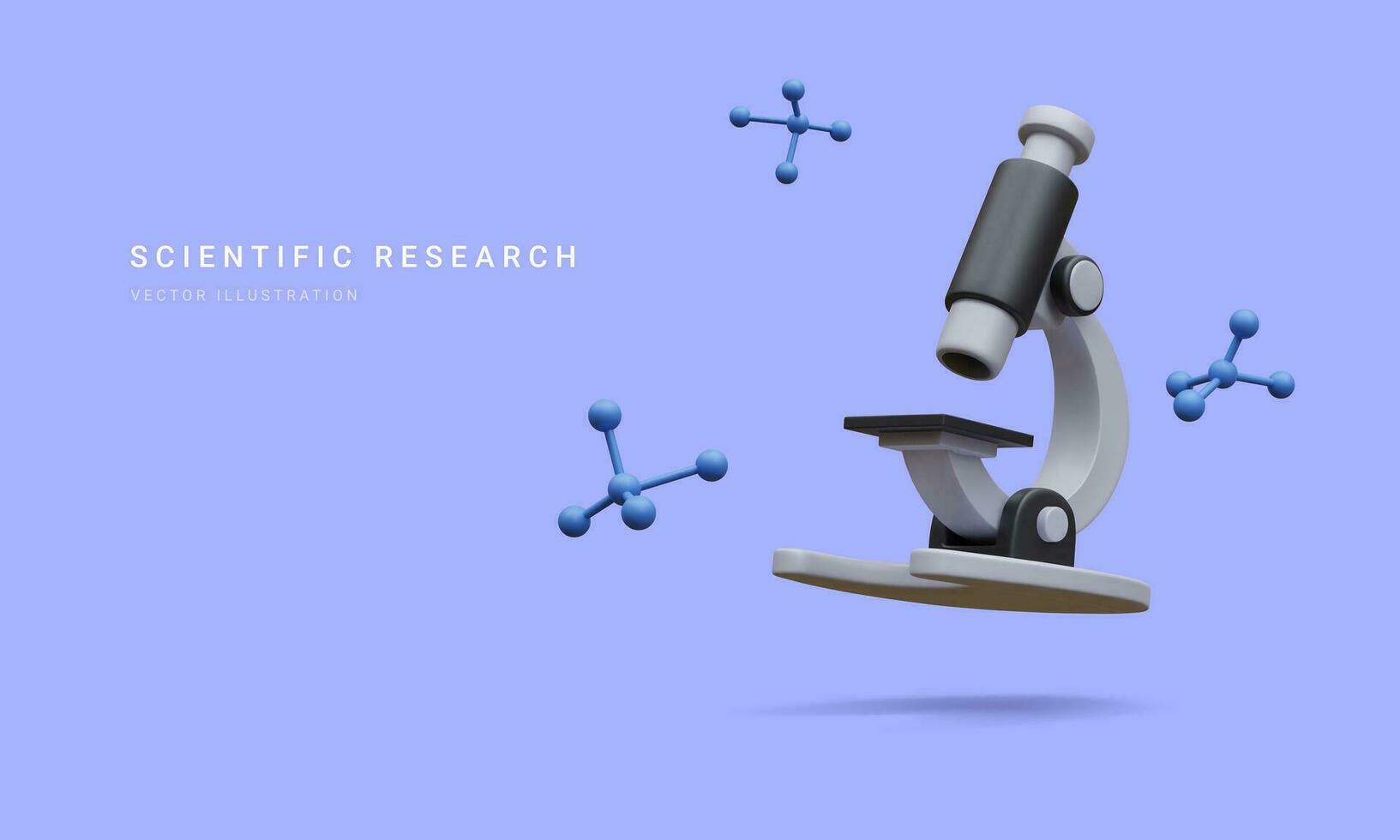 3d realistic banner with microscope, molecules isolated on blue background. Medicine, biology, chemistry and science concept in cartoon style. Vector illustration