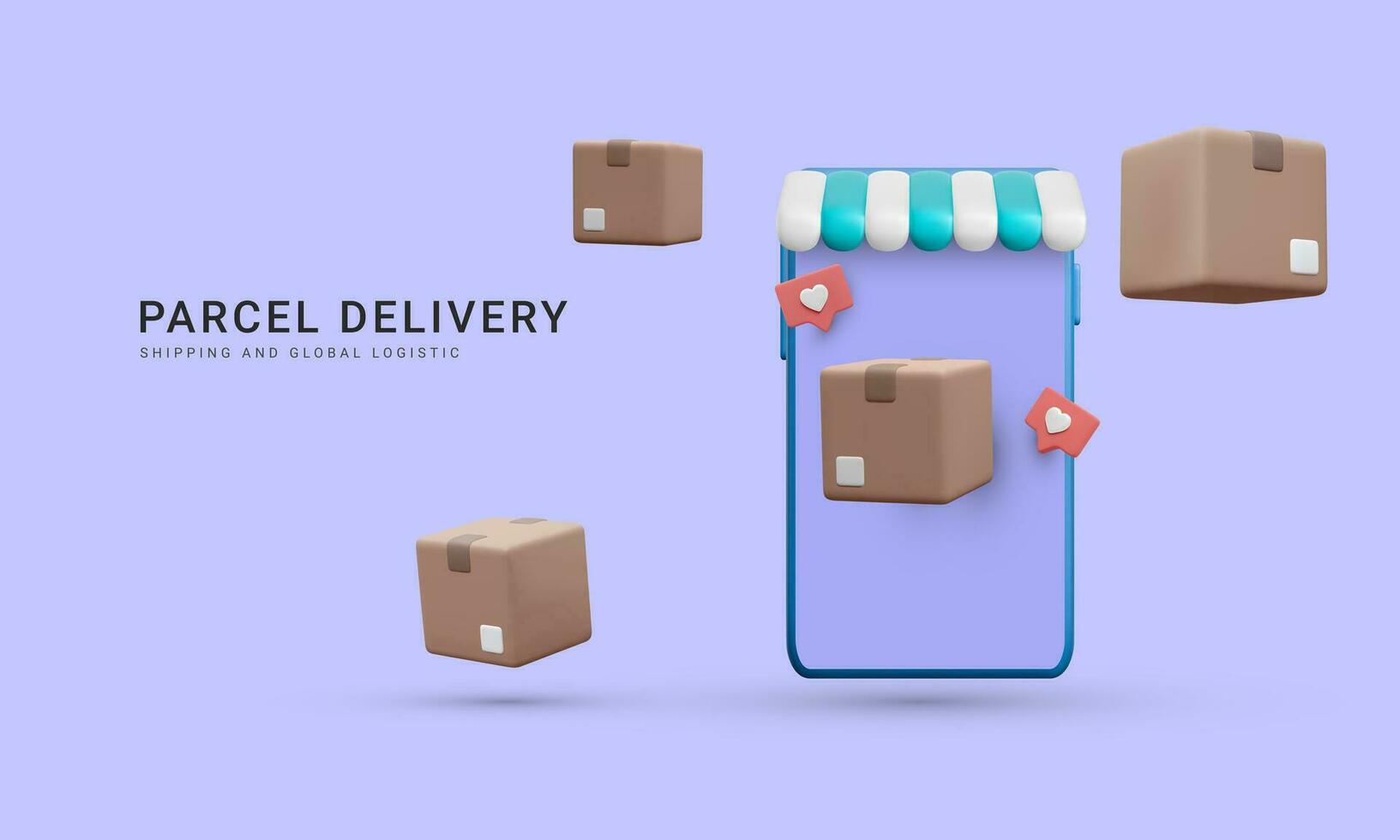 3d realistic phone with shop awning, social media like, flying delivery box for delivery banner. Online shopping with smartphone on mobile app in cartoon style. Vector illustration