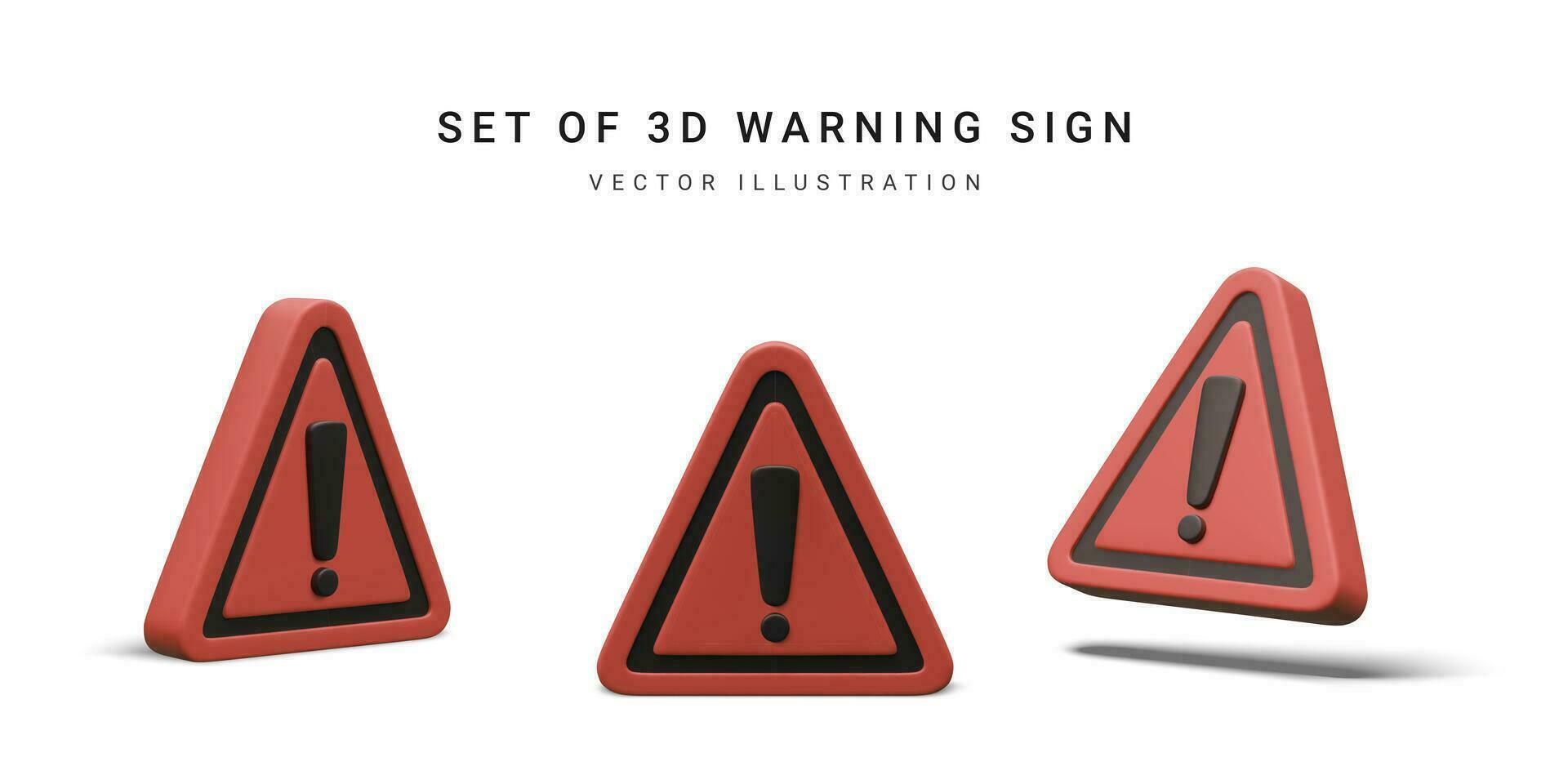 Set of 3d realistic triangle warning sign with exclamation mark isolated on white background. Vector illustration