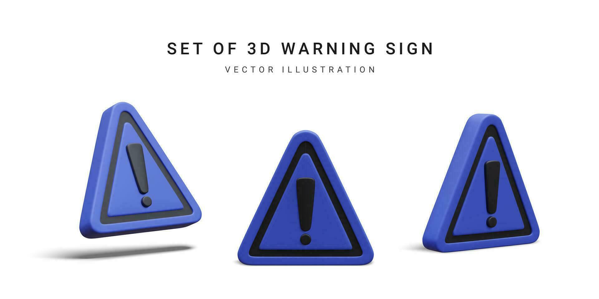 Set of 3d realistic triangle warning sign with exclamation mark isolated on white background. Vector illustration