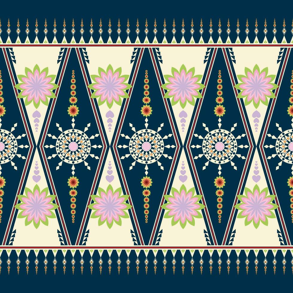 a pattern with flowers and leaves on a blue background vector