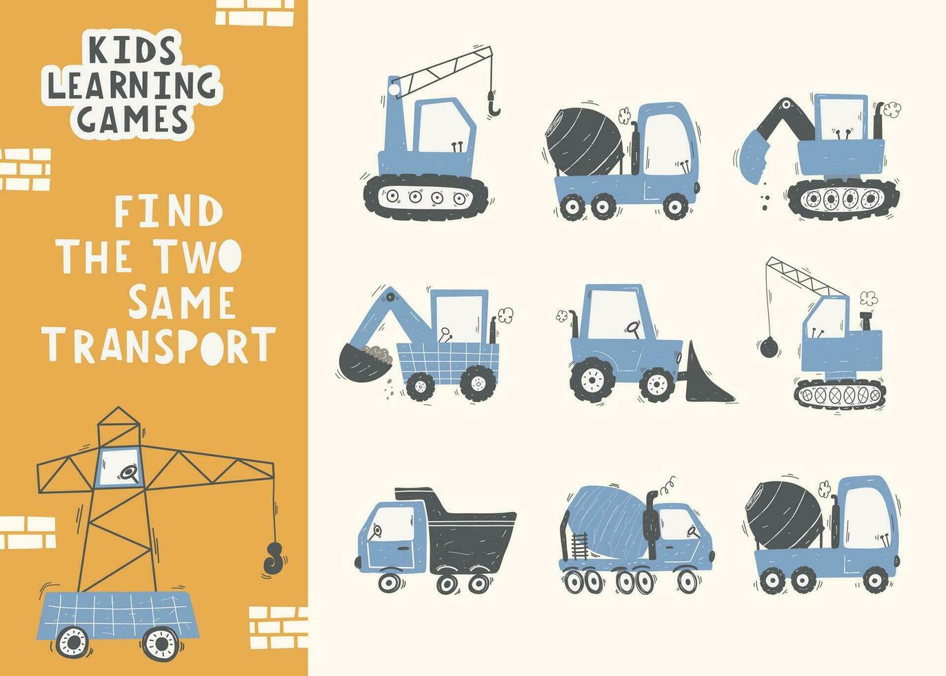 Kids learning game. Find the same transport. vector