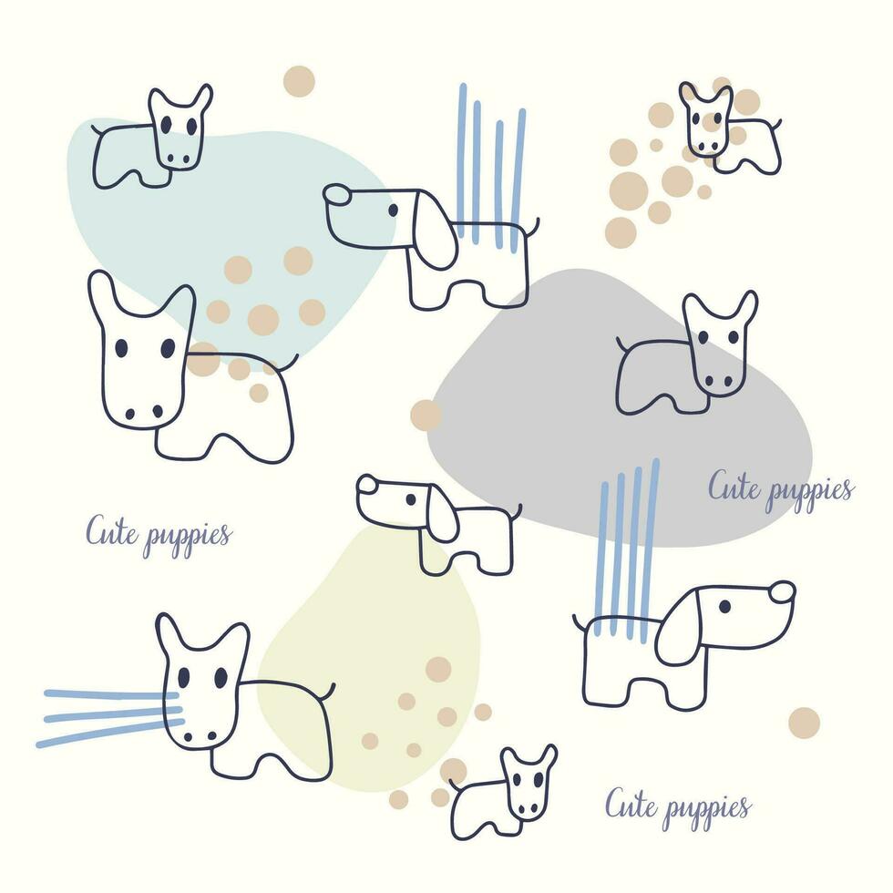 Funny geometric background, cute puppies, figurines, doodles vector