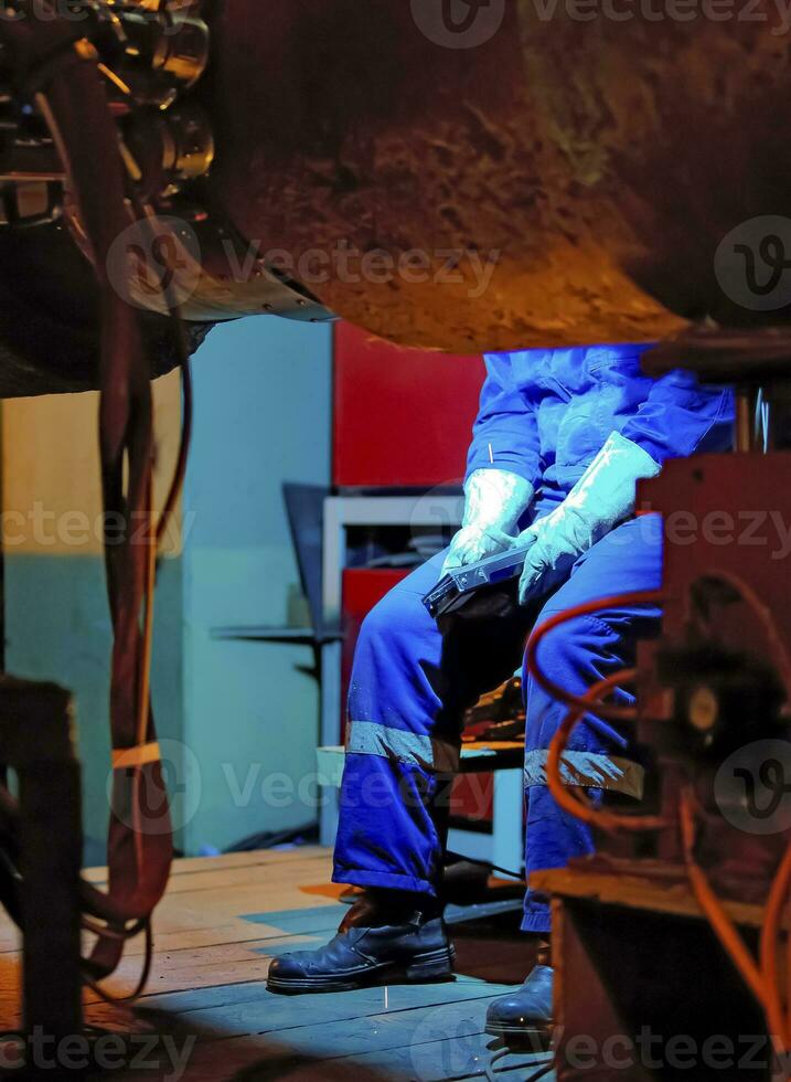 Welder resting during a break at work. photo