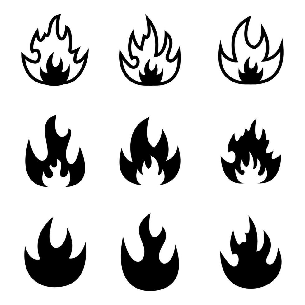 Fire flames. Set of flame icons in different shapes. Glyph fire icons vector