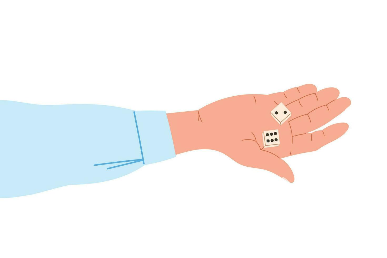 Male cartoon hand in a shirt holding playing dice on the palm, top view. Board games concept. Vector isolated flat illustration.