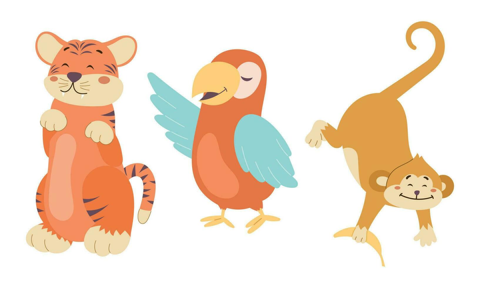 Cute baby tropical animals. Cartoon tiger cub, parrot and monkey. Set of wild inhabitants of the jungle. vector