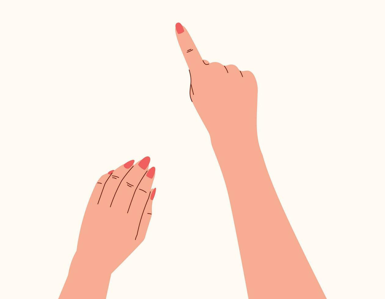 Female hands with manicure with pointing finger gesture. Vector isolated flat illustration, top view.