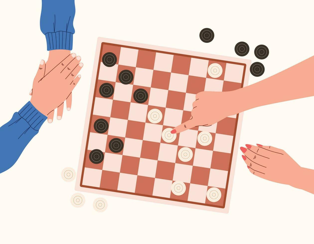 Flat People playing checkers, top view. Hands making a move in a logic board game. Cartoon isolated vector chess board.