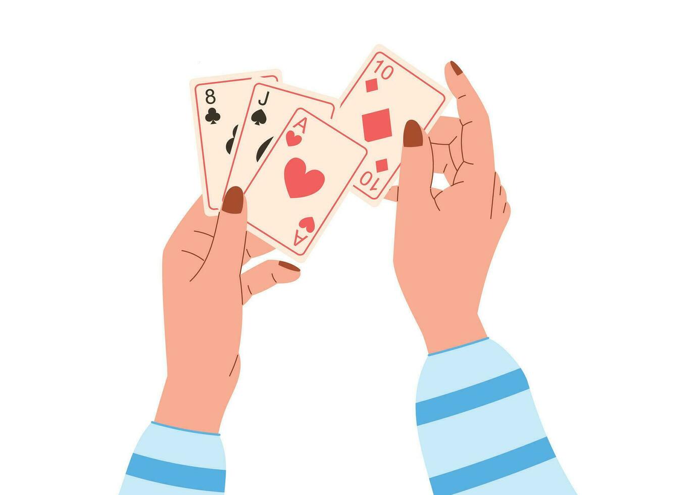 Manicured female hands holding playing cards . Vector isolated illustration in flat style, logical board game poker.