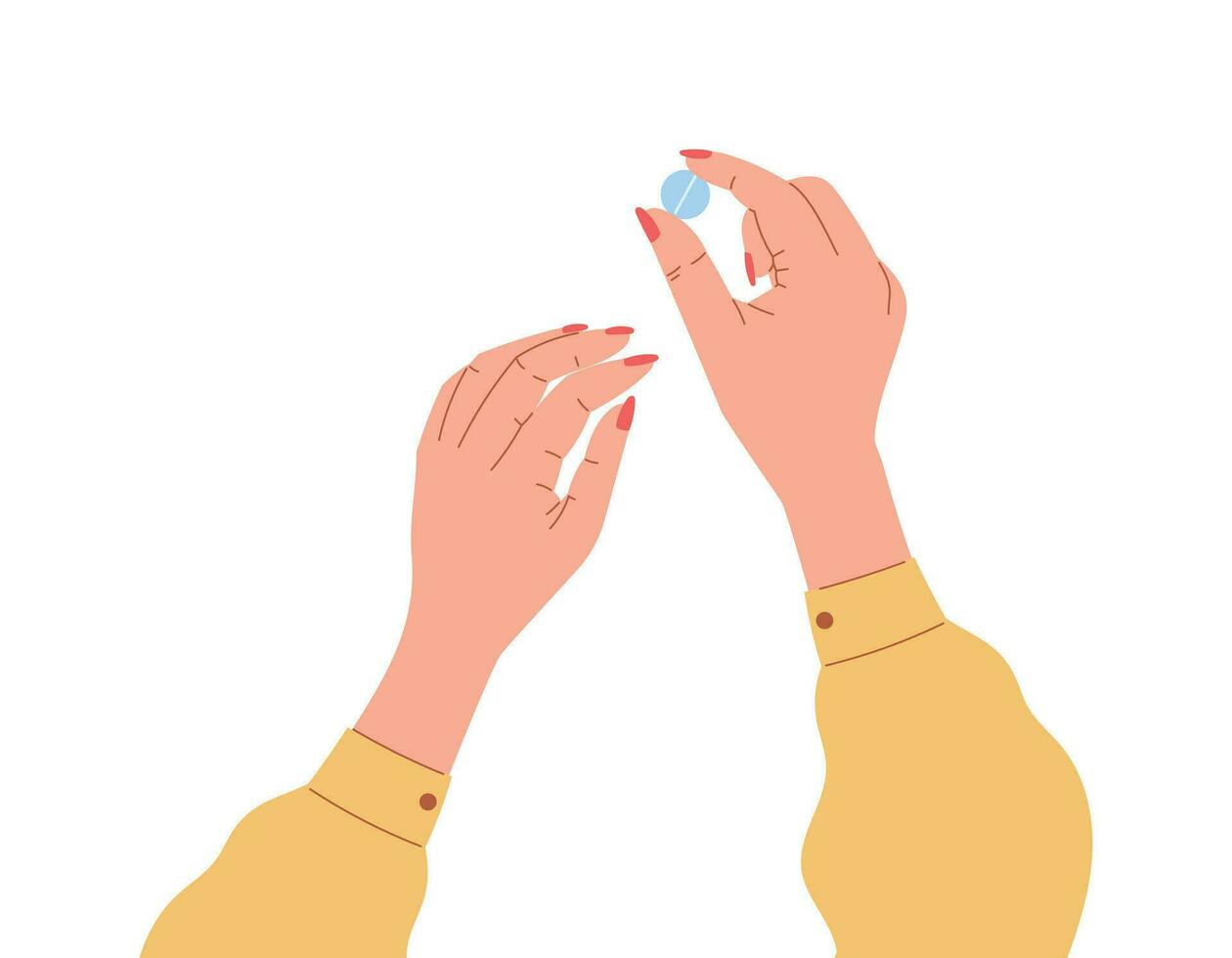 Manicured female cartoon hands holding a round pill. Vector isolated illustration, the concept of taking medication and recovery.