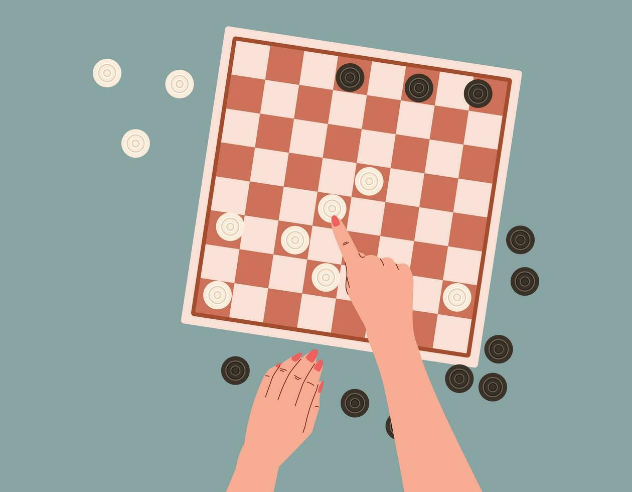Flat People playing checkers, top view. Hands making a move in a logic board game. Cartoon isolated vector chess board.