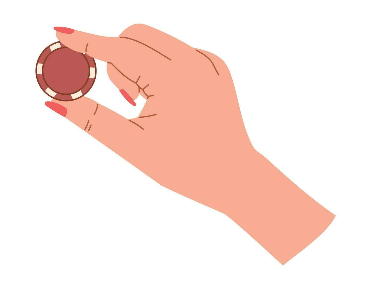 Vector Female isolated hand with manicure holding a poker chip, flat style.