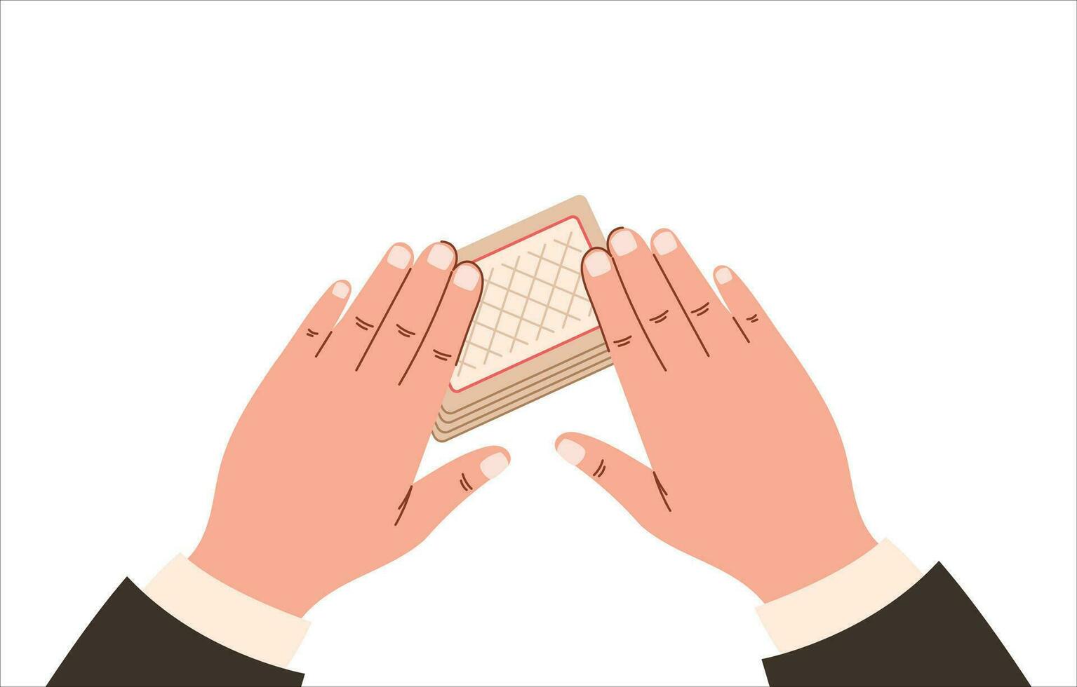 Male hands in a suit with a deck of bat cards, top view. A croupier leading a poker board game. Vector isolated flat illustration.