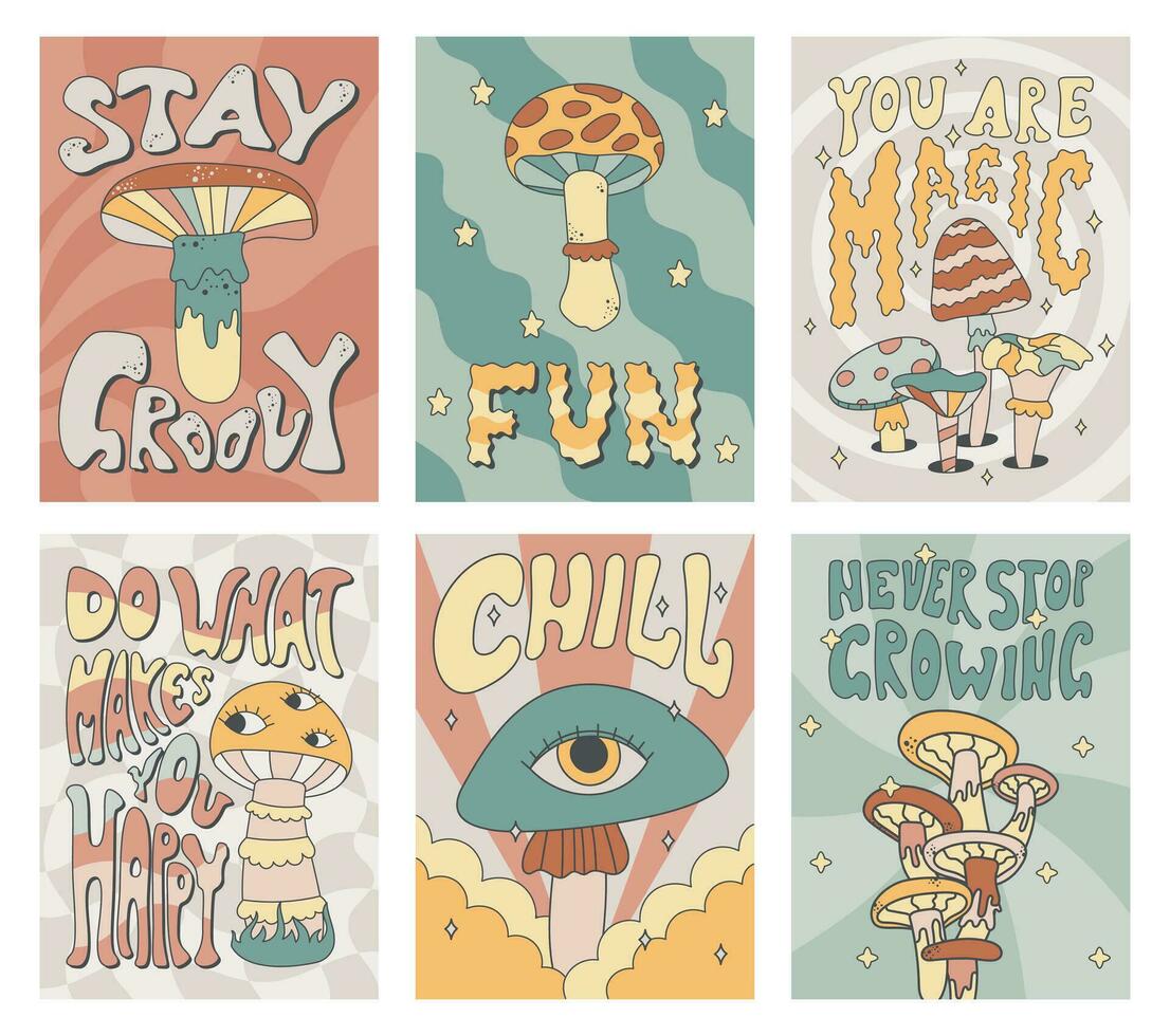 Psychedelic funny poisonous mushrooms, retro lettering. Set of vector groove hippie banners.
