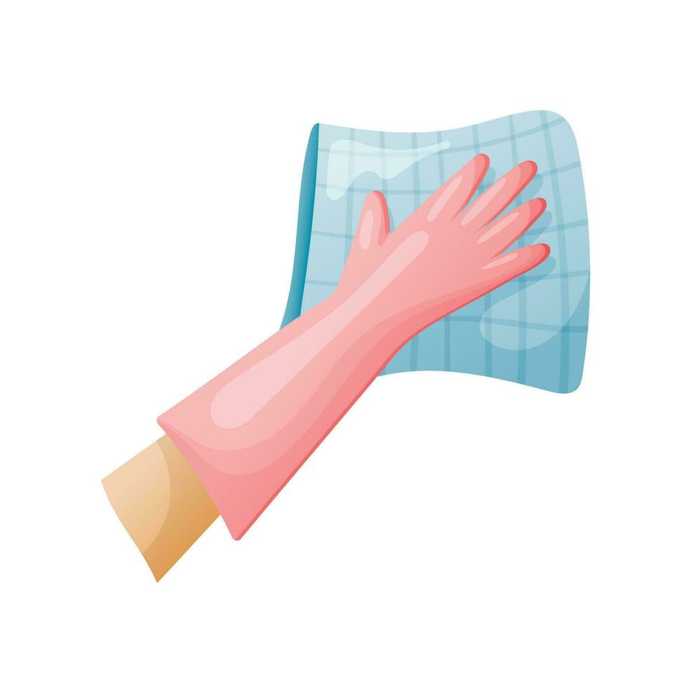 Vector isolated illustration of a hand in a rubber cleaning glove is holding a rag and wiping dirt and stains.