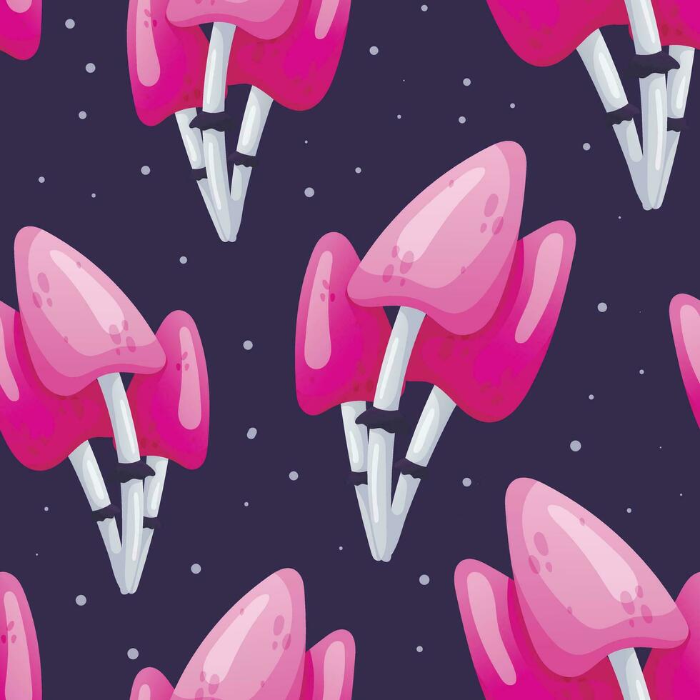 Vector seamless halloween pattern. Bright neon pink poisonous mushrooms. Fabulous magic forest toadstools on a dark background.