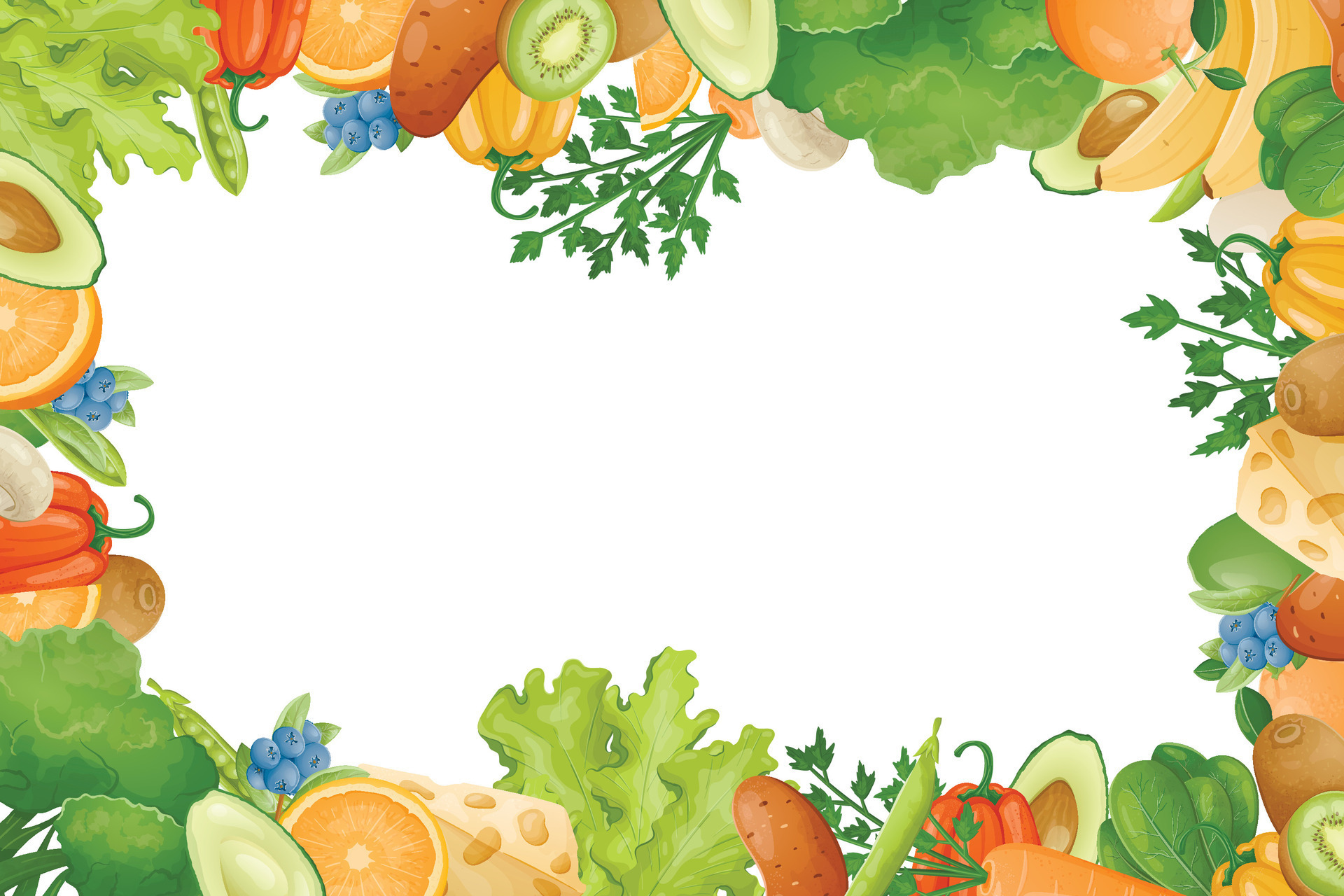 Vector horizontal template with frame or border of fresh fruits, herbs ...