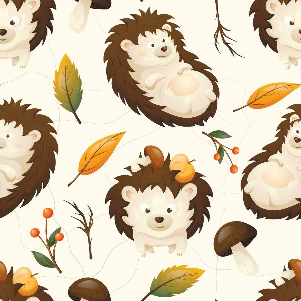 Cartoon vector autumn seamless pattern with hedgehogs characters. Decoration of yellow dry leaves, forest mushrooms and twigs with wild berries.