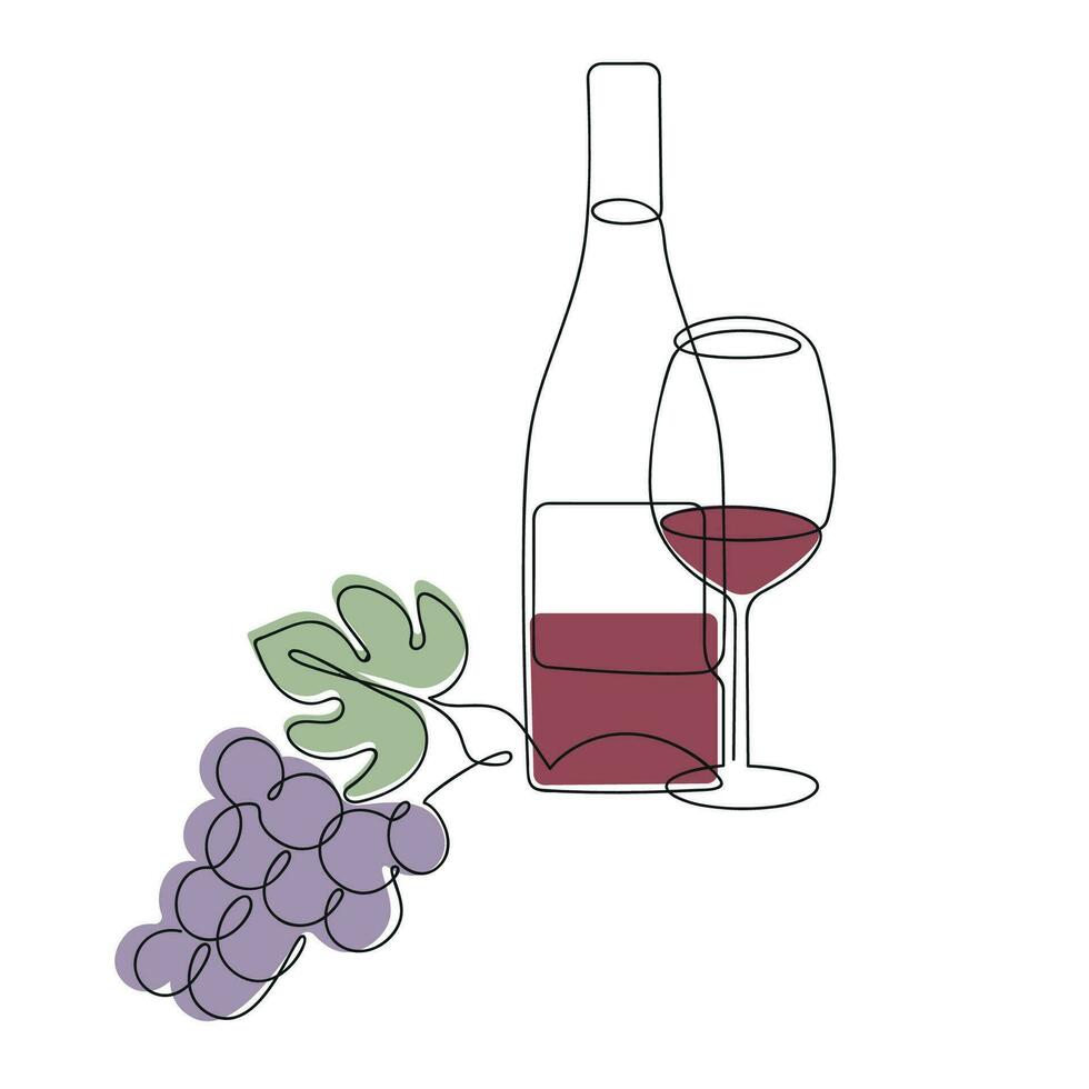 botella de uva y vaso dibujado en uno continuo línea en color. uno línea dibujo, minimalismo vector ilustración.