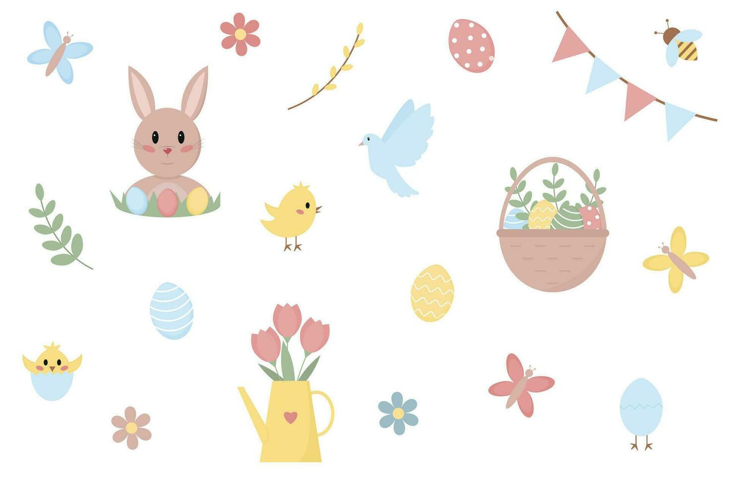 Set of Easter elements in flat style. Cute animals and traditional symbols. Vector illustration.