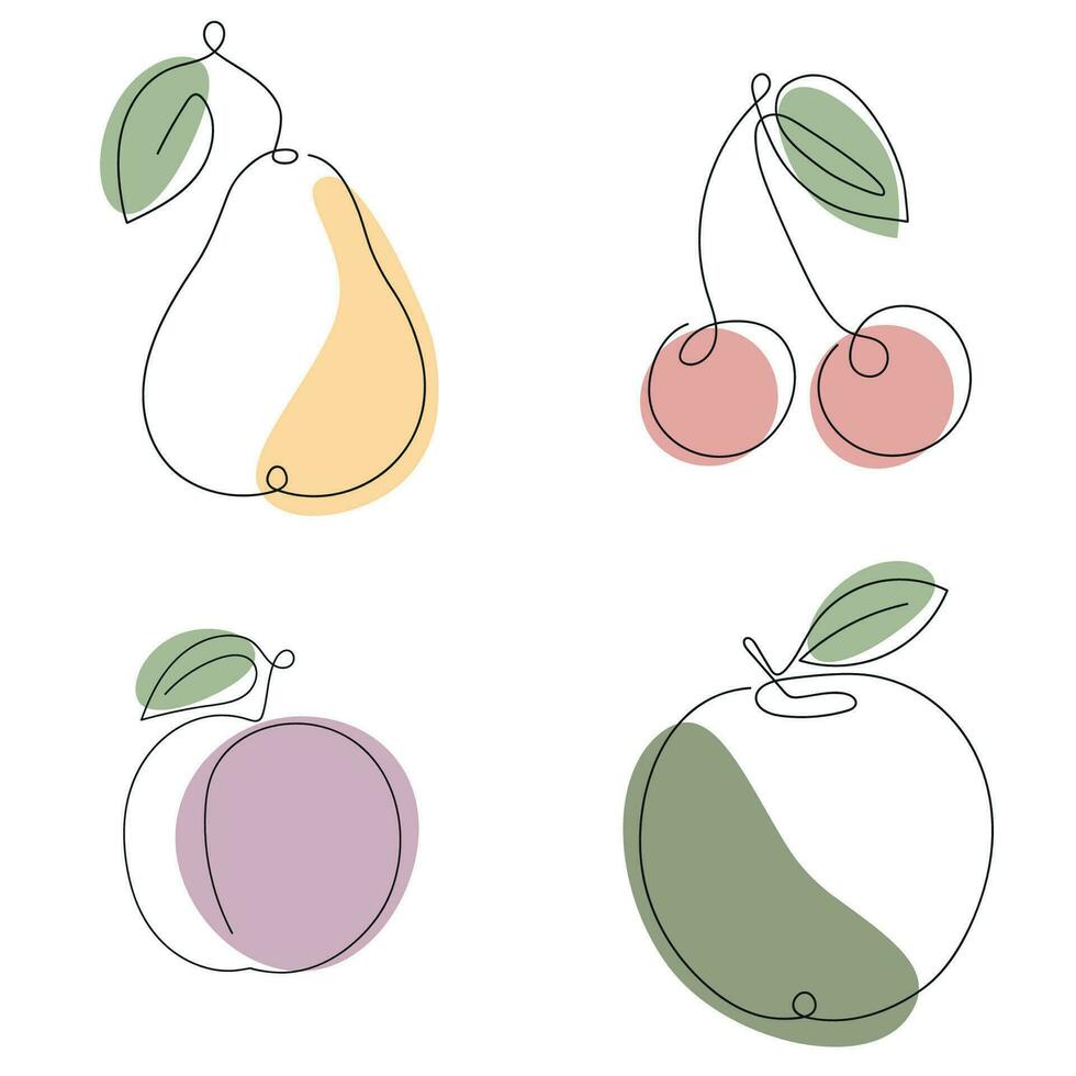 Plum, cherry, apple, pear drawn in one continuous line with color spots. One line drawing, minimalism. Vector illustration.