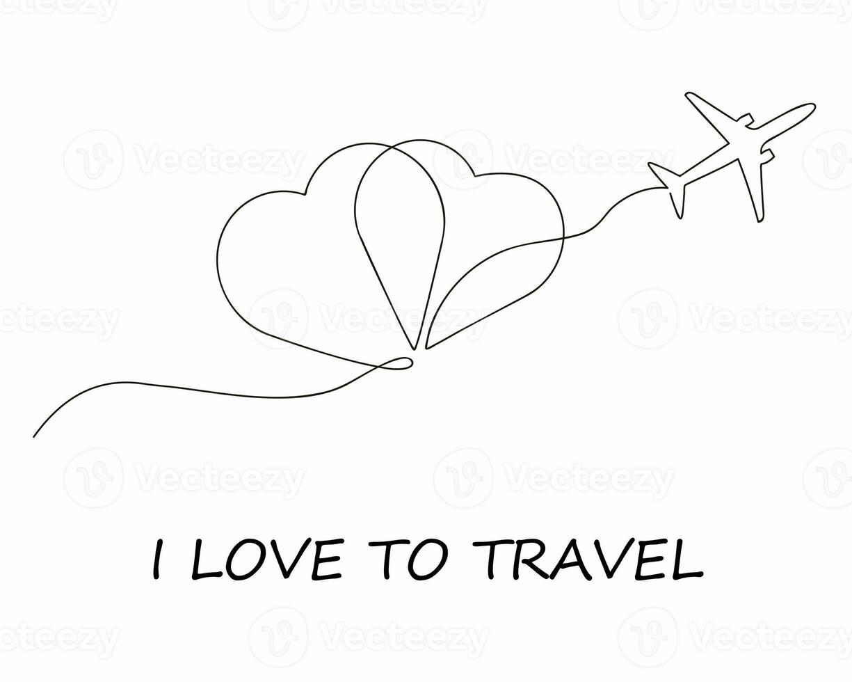 Hearts in sky and airplane drawn in one continuous line. Card with the text I love to travel. One line drawing, minimalism. Vector illustration. photo