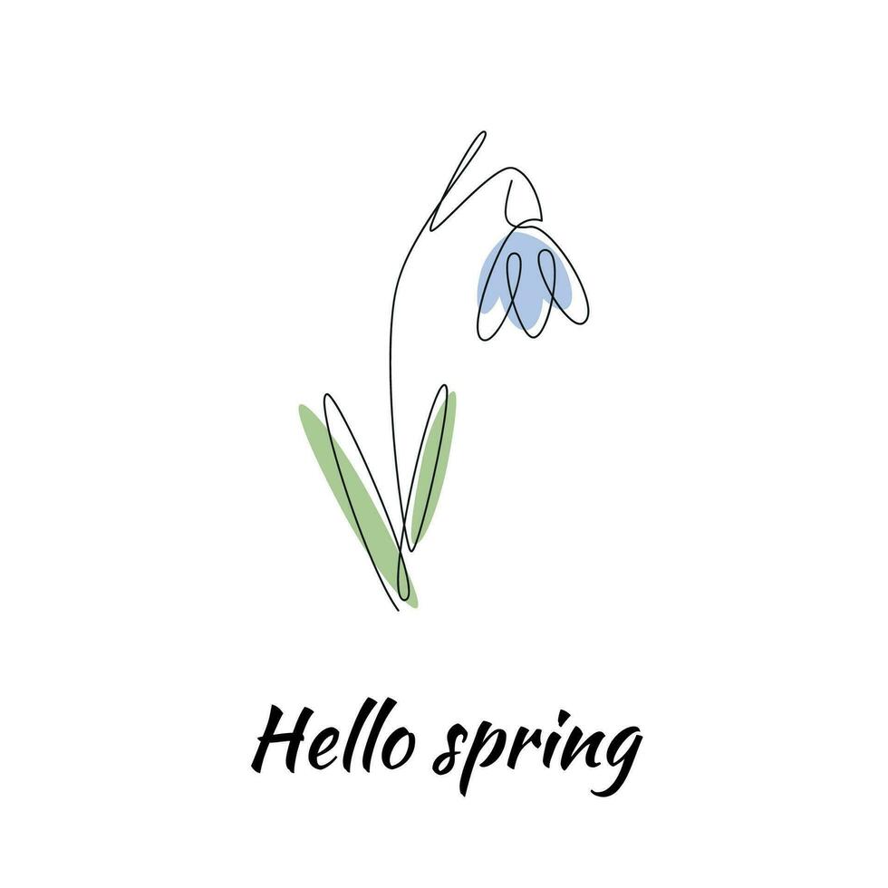 Snowdrop drawn in one continuous line with color spot and text Hello spring. One line drawing, minimalism. Vector illustration.
