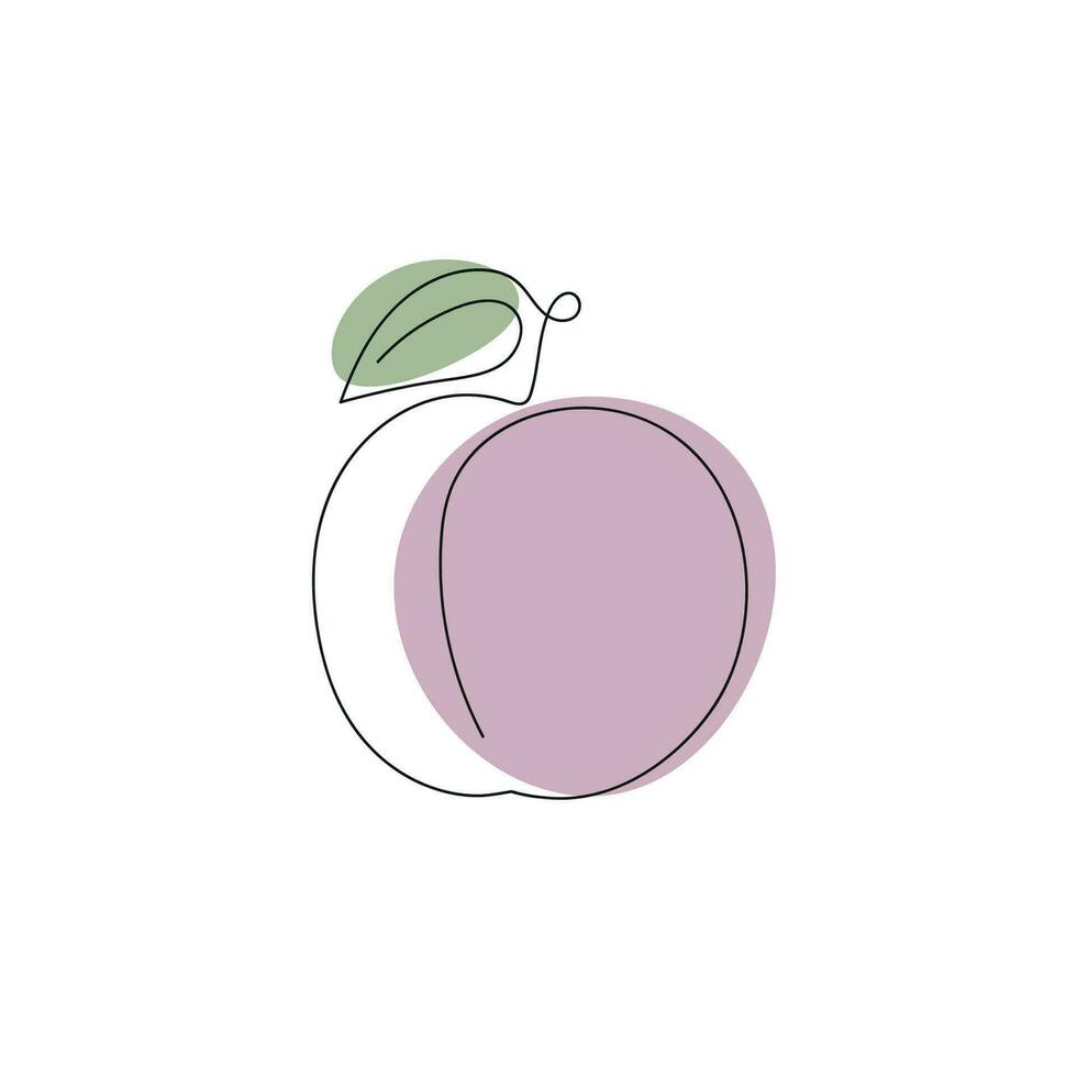 Plum drawn in one continuous line with color spots. One line drawing, minimalism. Vector illustration.