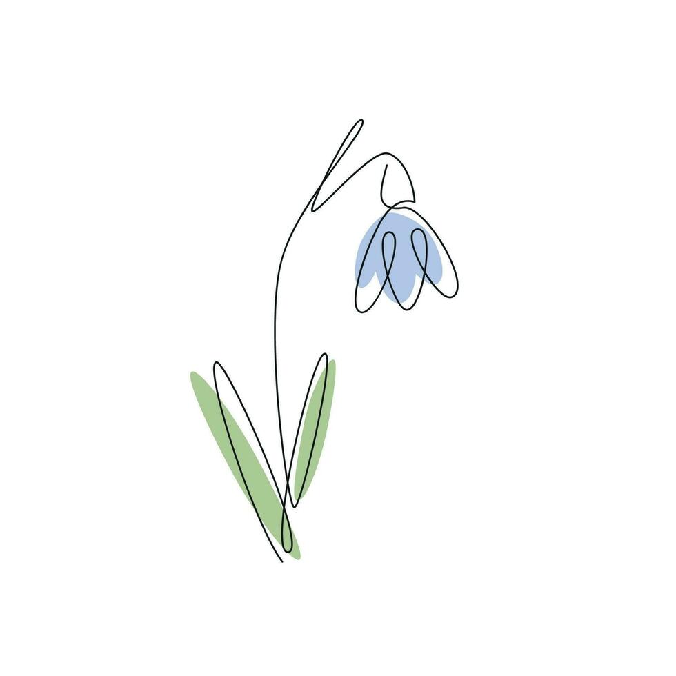 Snowdrop drawn in one continuous line with color spots. One line drawing, minimalism. Vector illustration.