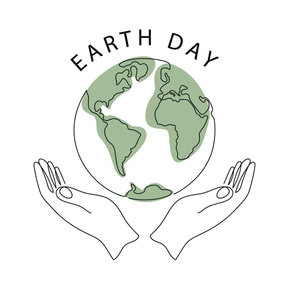 Earth day card drawn in one continuous line with color spot. One line drawing, minimalism. Vector illustration.