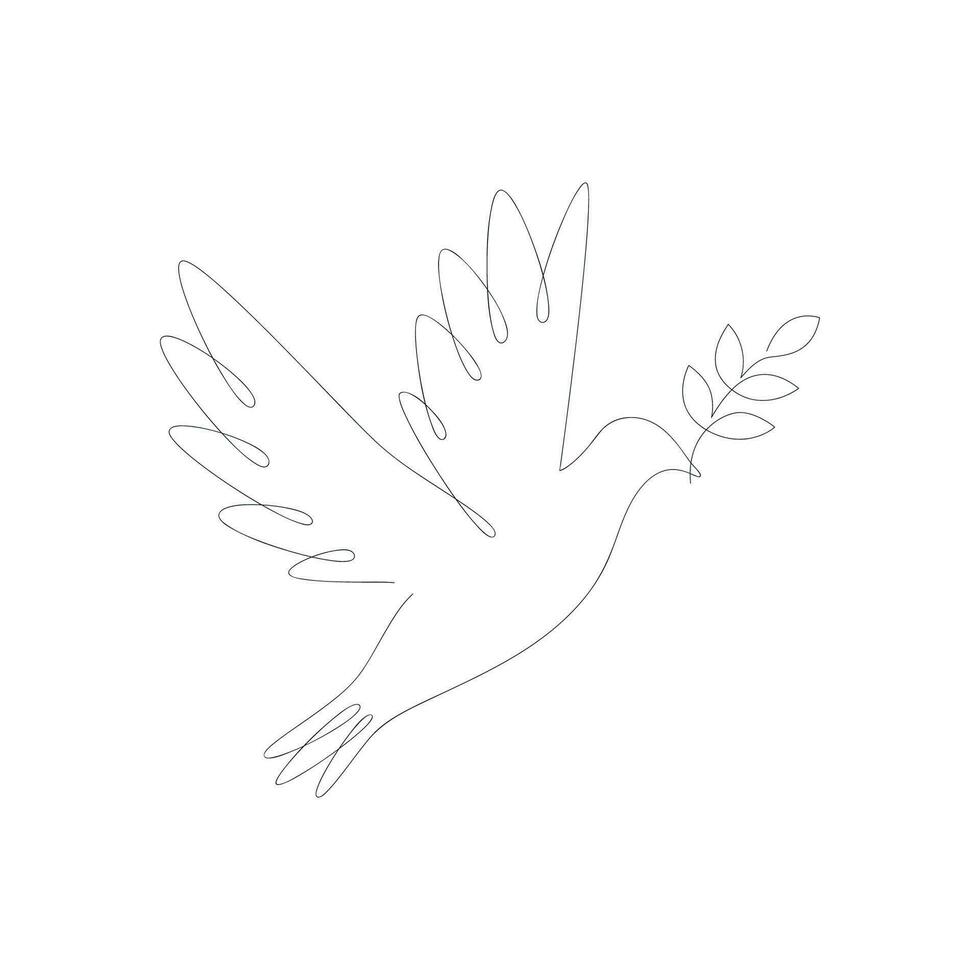 Dove with olive branch drawn in one continuous line. One line drawing, minimalism. Vector illustration.