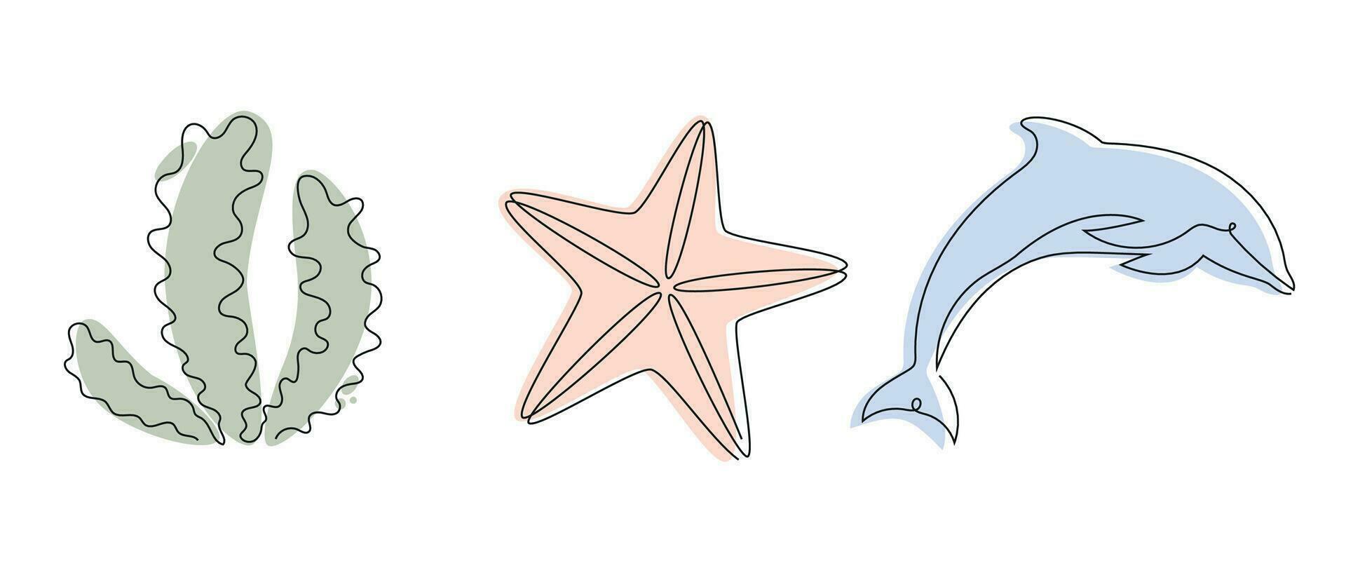 mar conjunto delfín, estrella de mar, algas marinas dibujado en uno continuo línea en color. uno línea dibujo, minimalismo vector ilustración.