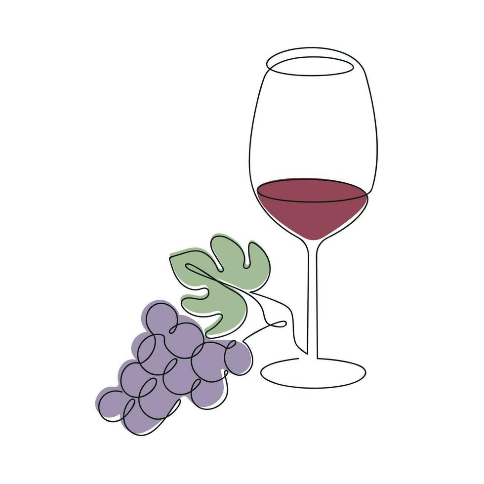 vino vaso con uva dibujado en uno continuo línea en color. uno línea dibujo, minimalismo vector ilustración.