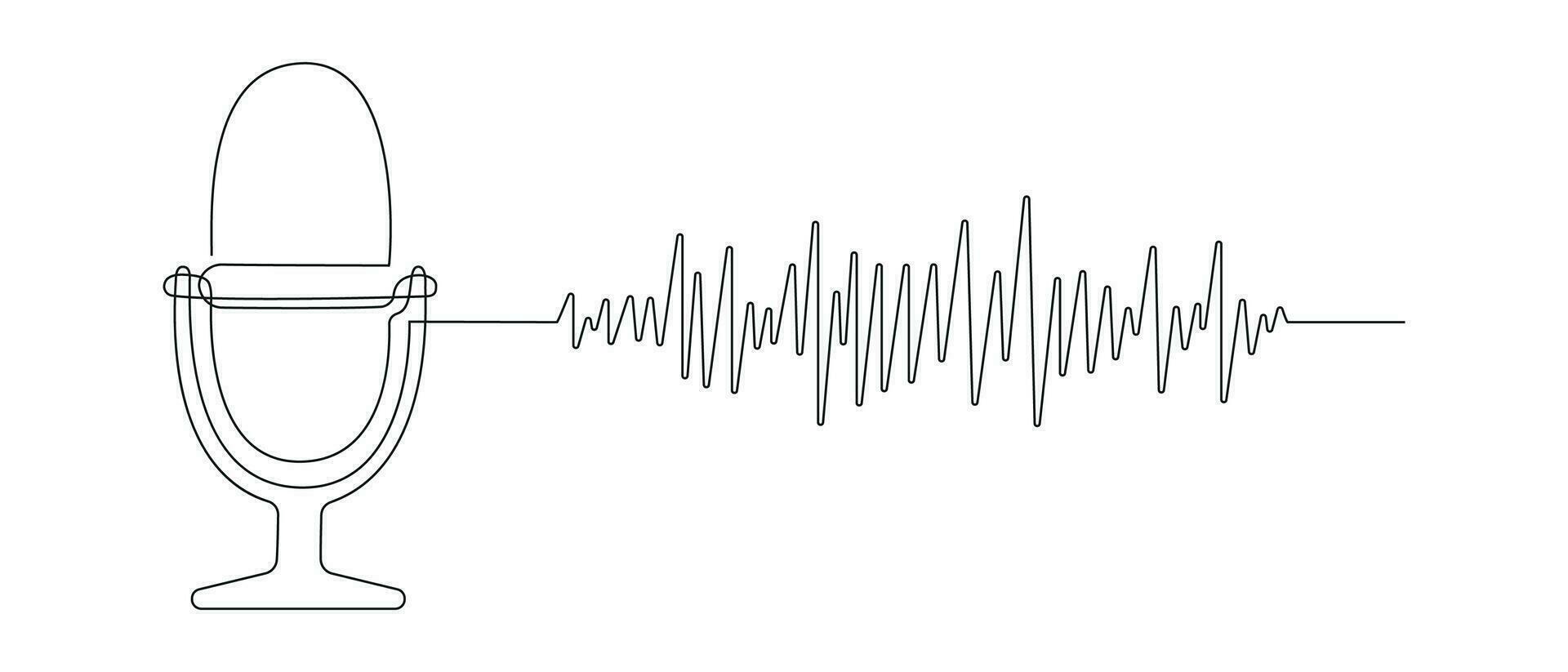 Podcast microphone with audio track drawn in one continuous line. One line drawing, minimalism. Vector illustration.