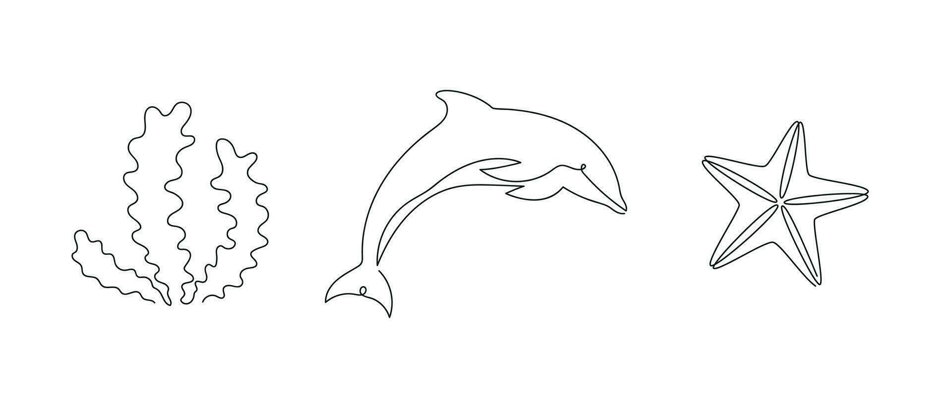 Sea set dolphin, starfish, seaweed drawn in one continuous line. One line drawing, minimalism. Vector illustration.